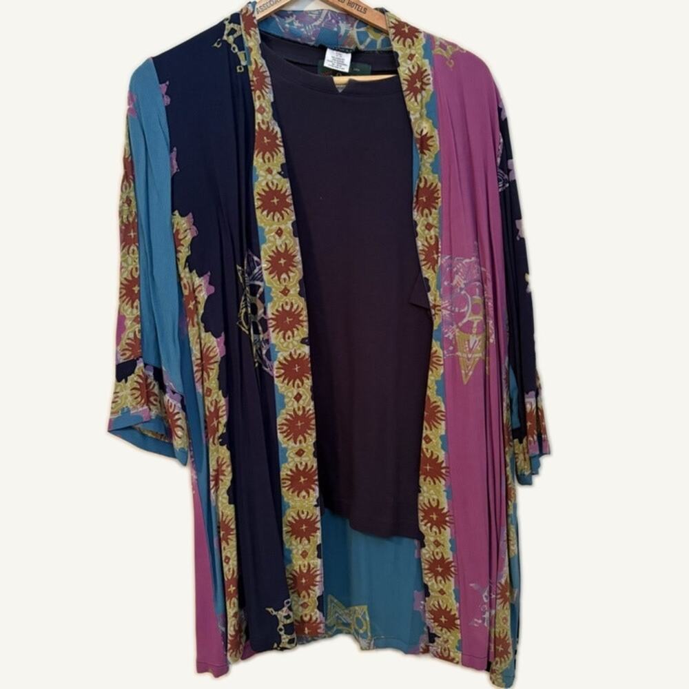Orvis Navy Cotton Knit Top L & Ulla Popken Rayon Floral Cardigan 12/14 Set